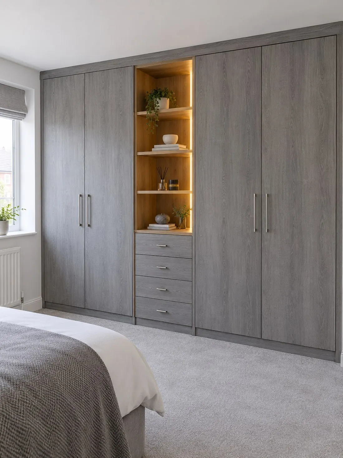 Illustration: fitted bedroom wardrobes in grey oak with a lit open shelf and drawers