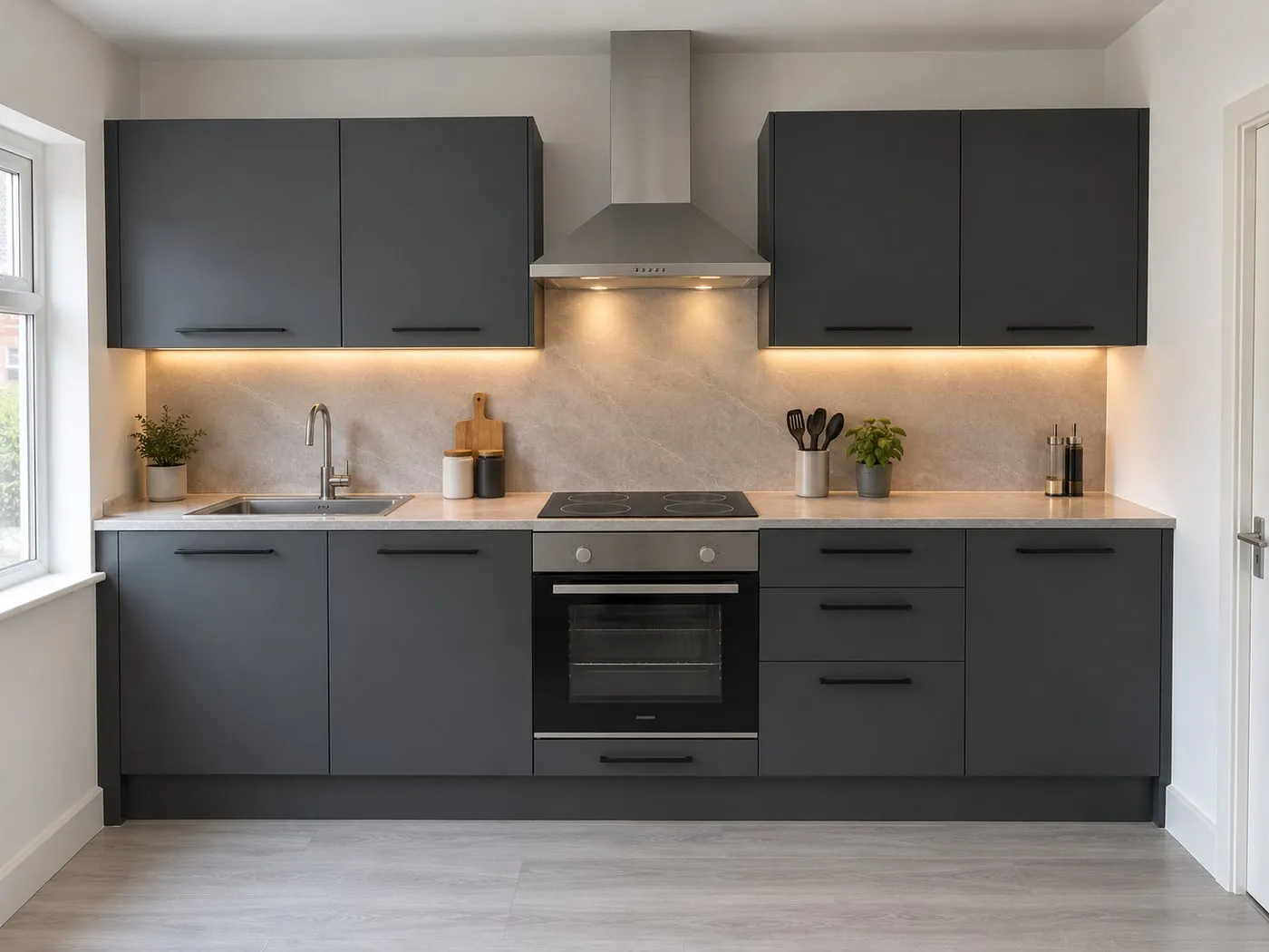 Illustration: a straight-run 10-unit kitchen with dark grey doors, a stone-effect worktop, an electric oven, hob and extractor