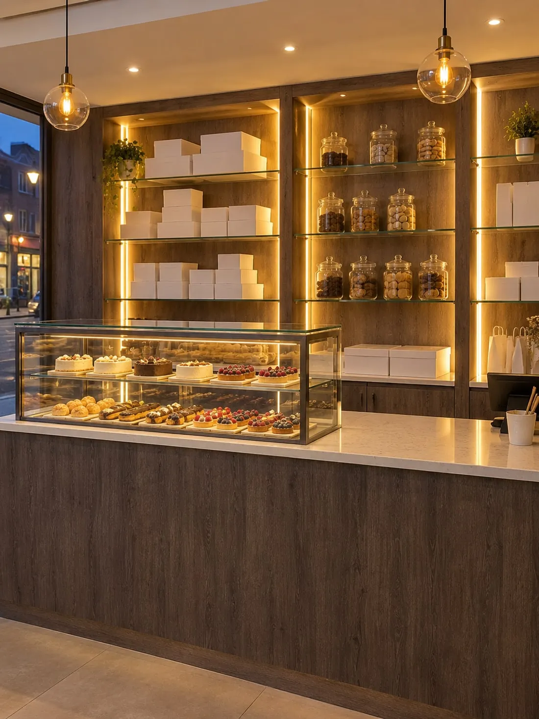 Illustration: dessert shop counter with woodgrain panels and LED-lit display shelving