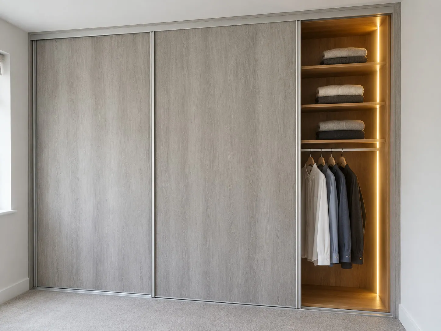 Illustration: floor-to-ceiling sliding wardrobe in grey oak with one door open on LED-lit oak shelves