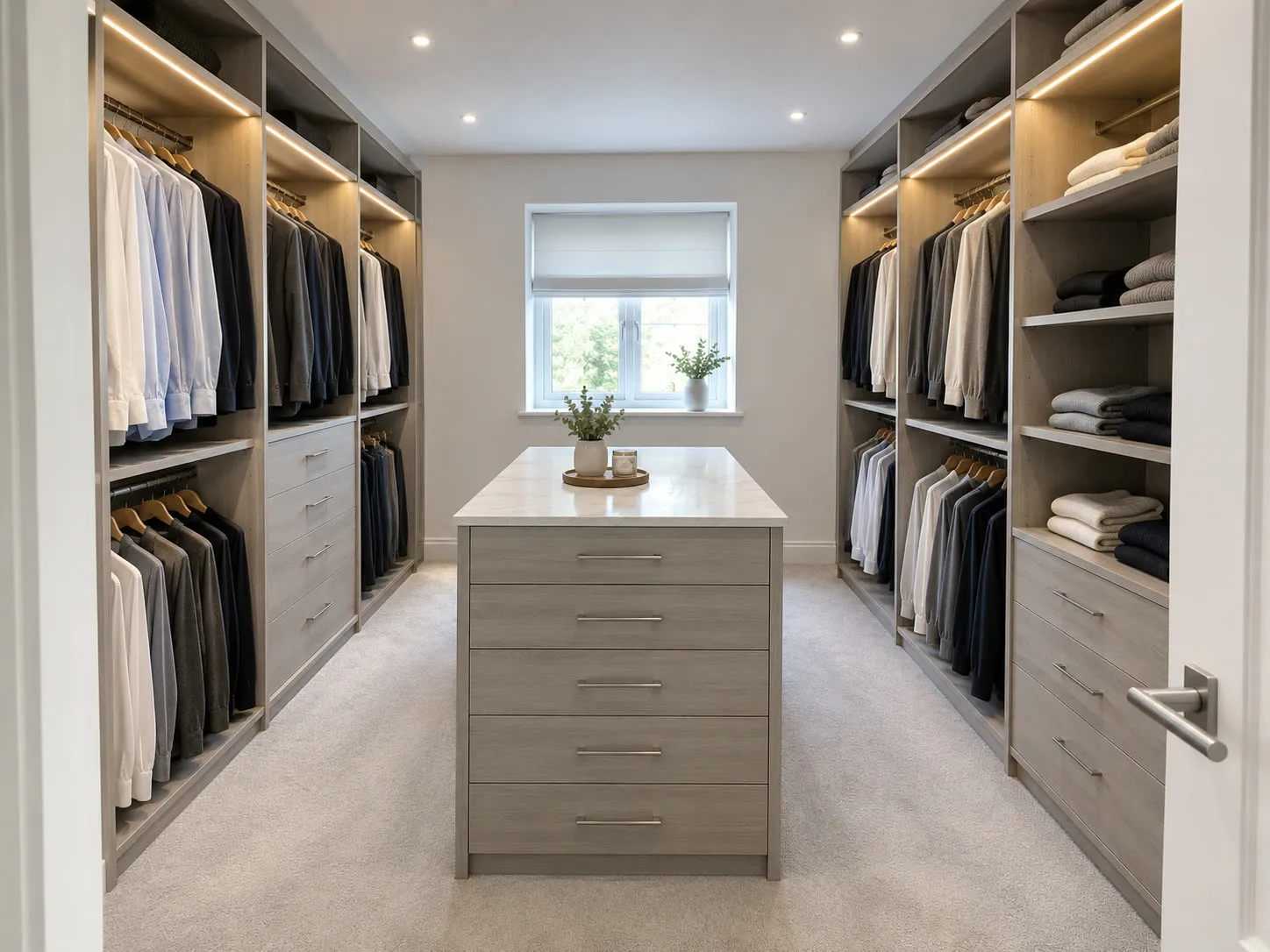Illustration: walk-in dressing room in light grey oak with hanging rails, shelves, LED strips and a central island of drawers